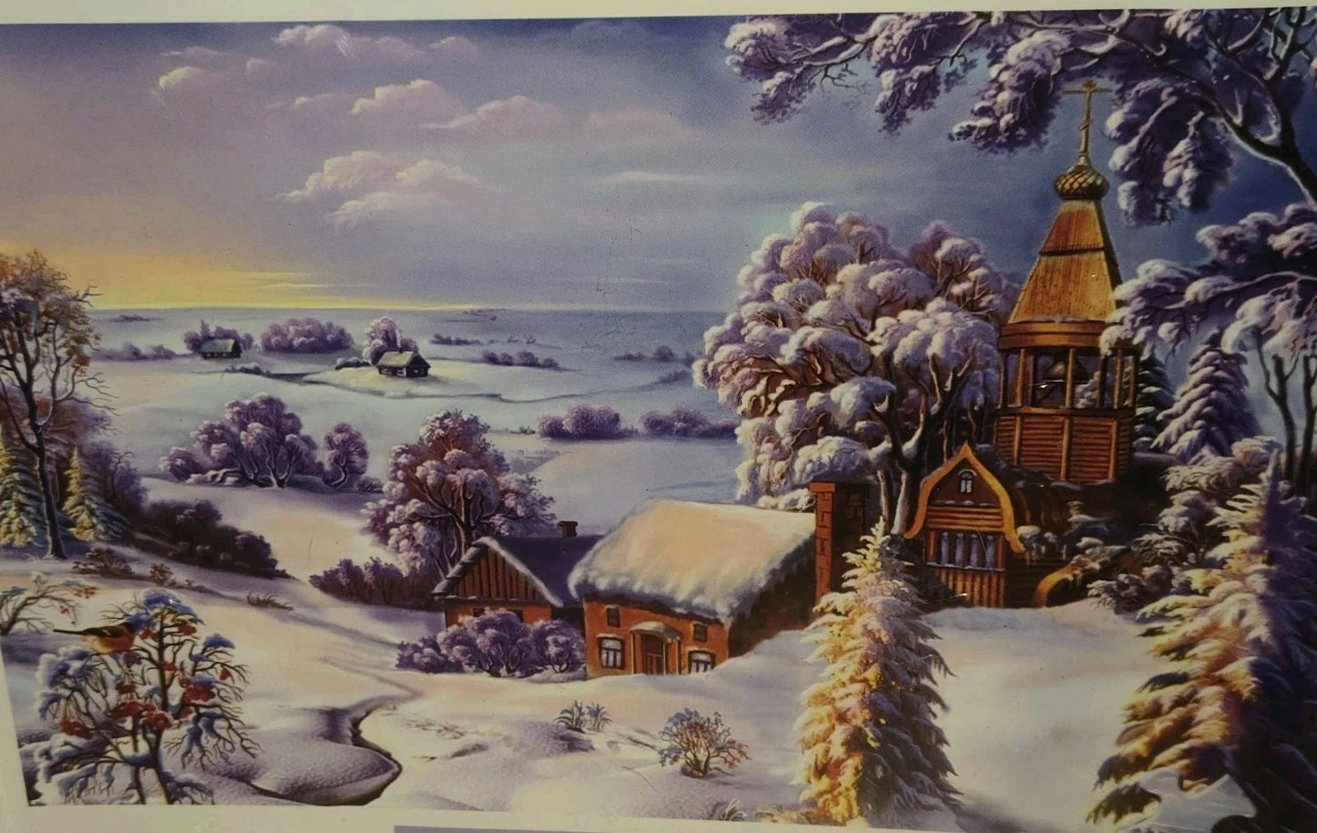 "THE SNOW IS WHITE" 1000 PC PUZZLE PRAIRIE WINTER SCENE W CHURCH PINE TREES BIRD