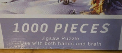 "THE SNOW IS WHITE" 1000 PC PUZZLE PRAIRIE WINTER SCENE W CHURCH PINE TREES BIRD