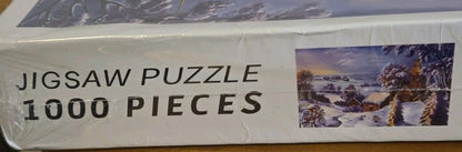 "THE SNOW IS WHITE" 1000 PC PUZZLE PRAIRIE WINTER SCENE W CHURCH PINE TREES BIRD