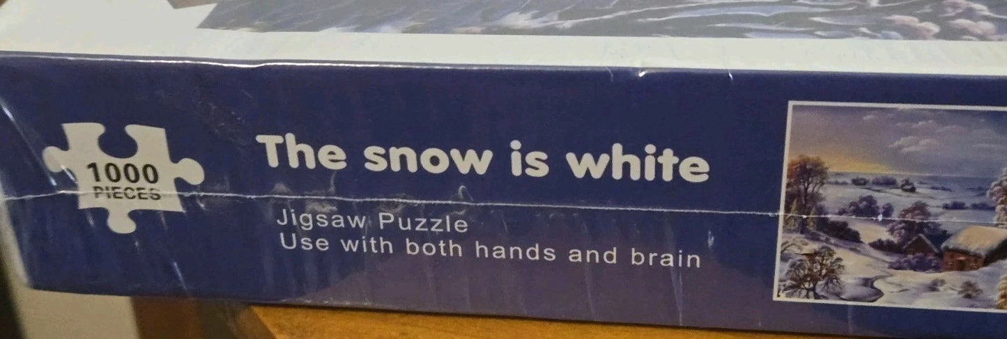 "THE SNOW IS WHITE" 1000 PC PUZZLE PRAIRIE WINTER SCENE W CHURCH PINE TREES BIRD