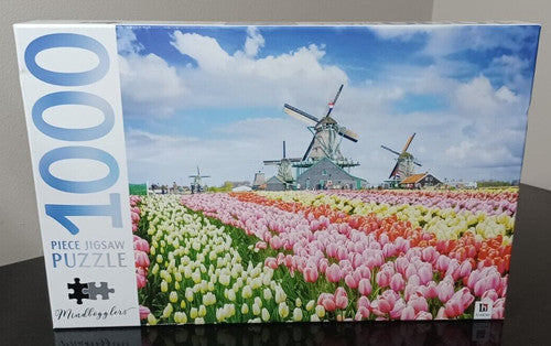 Share Mindbogglers - Dutch Windmills 1000 Pc Puzzle Colorful Tulips Farm Field New